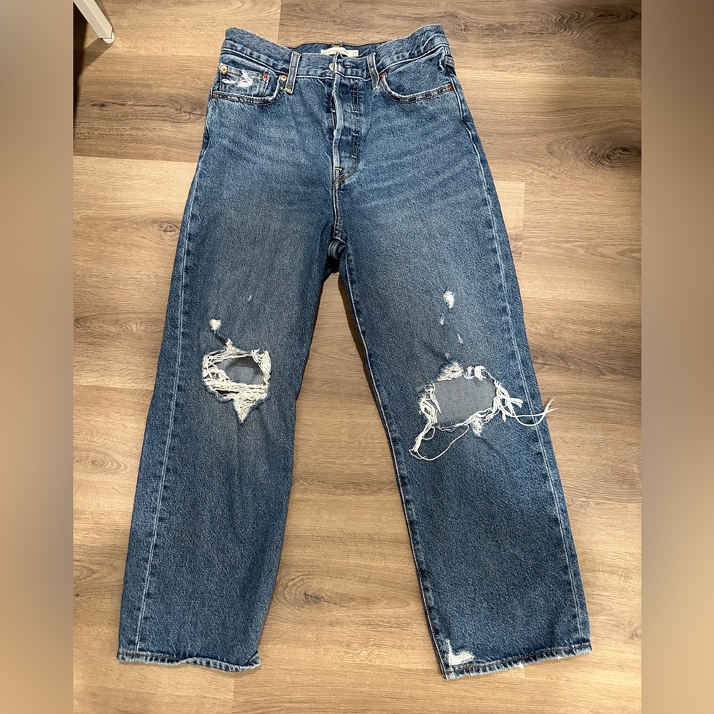 Levi's 501 Ribcage Straight Ankle Jeans Womens 29 Blue Distressed.